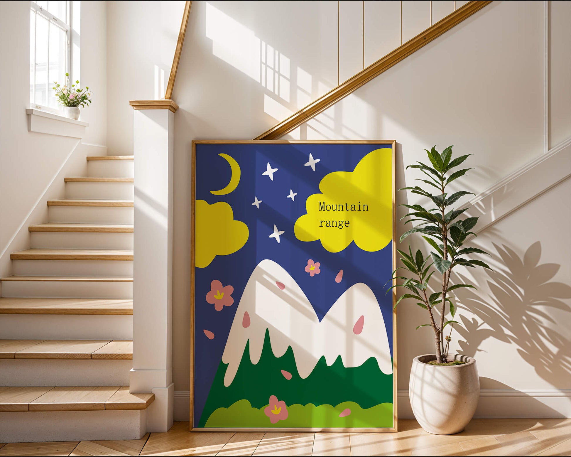 Stylized mountain landscape with starry night background and vibrant clouds