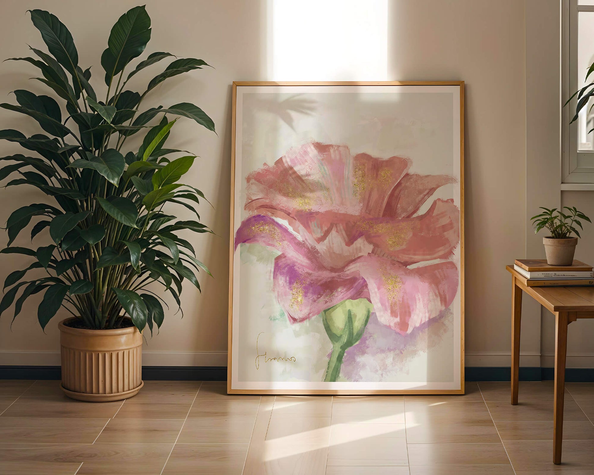 Beautiful pink flower painting with golden accents