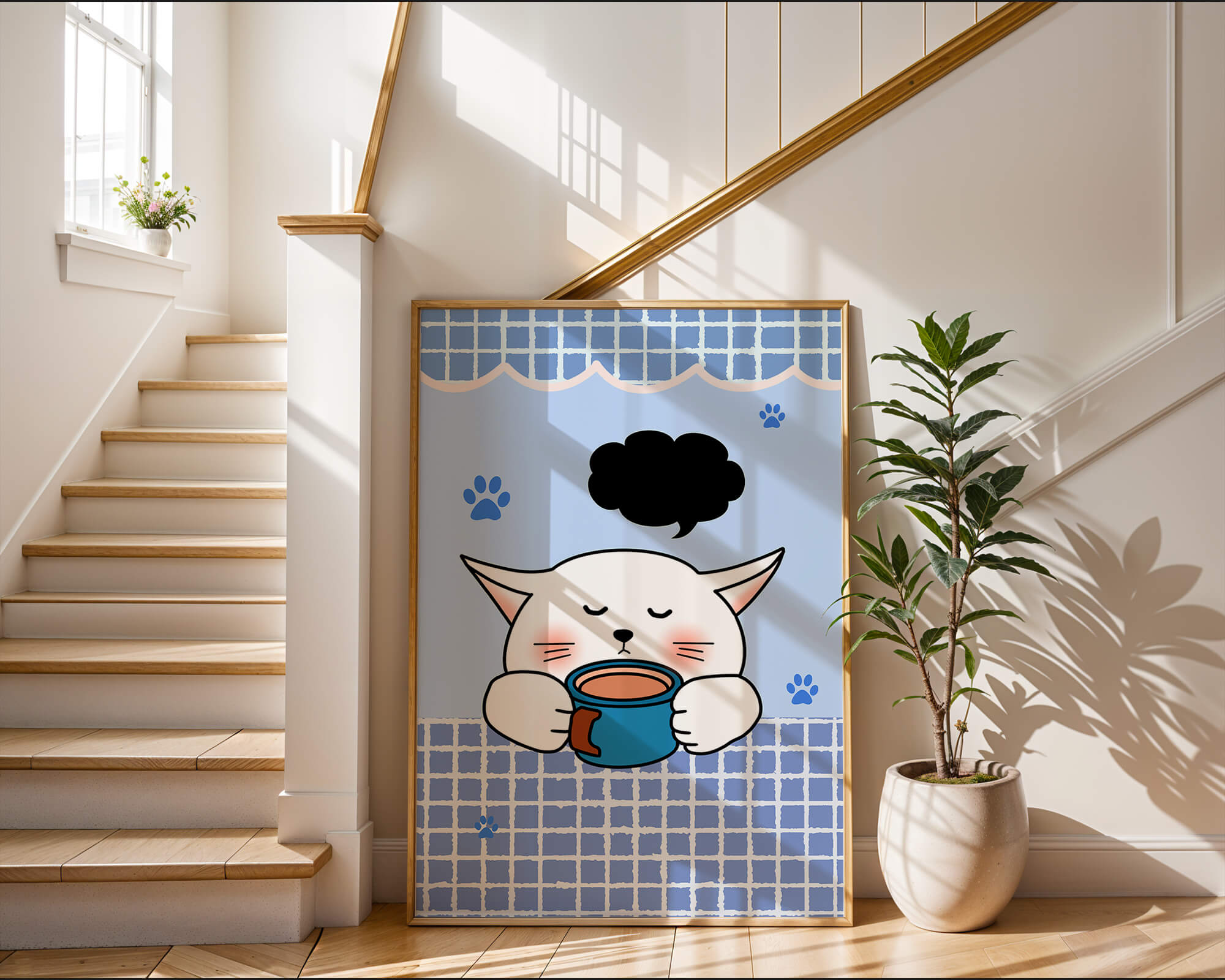 Cute cartoon cat with mug and speech bubble on blue background