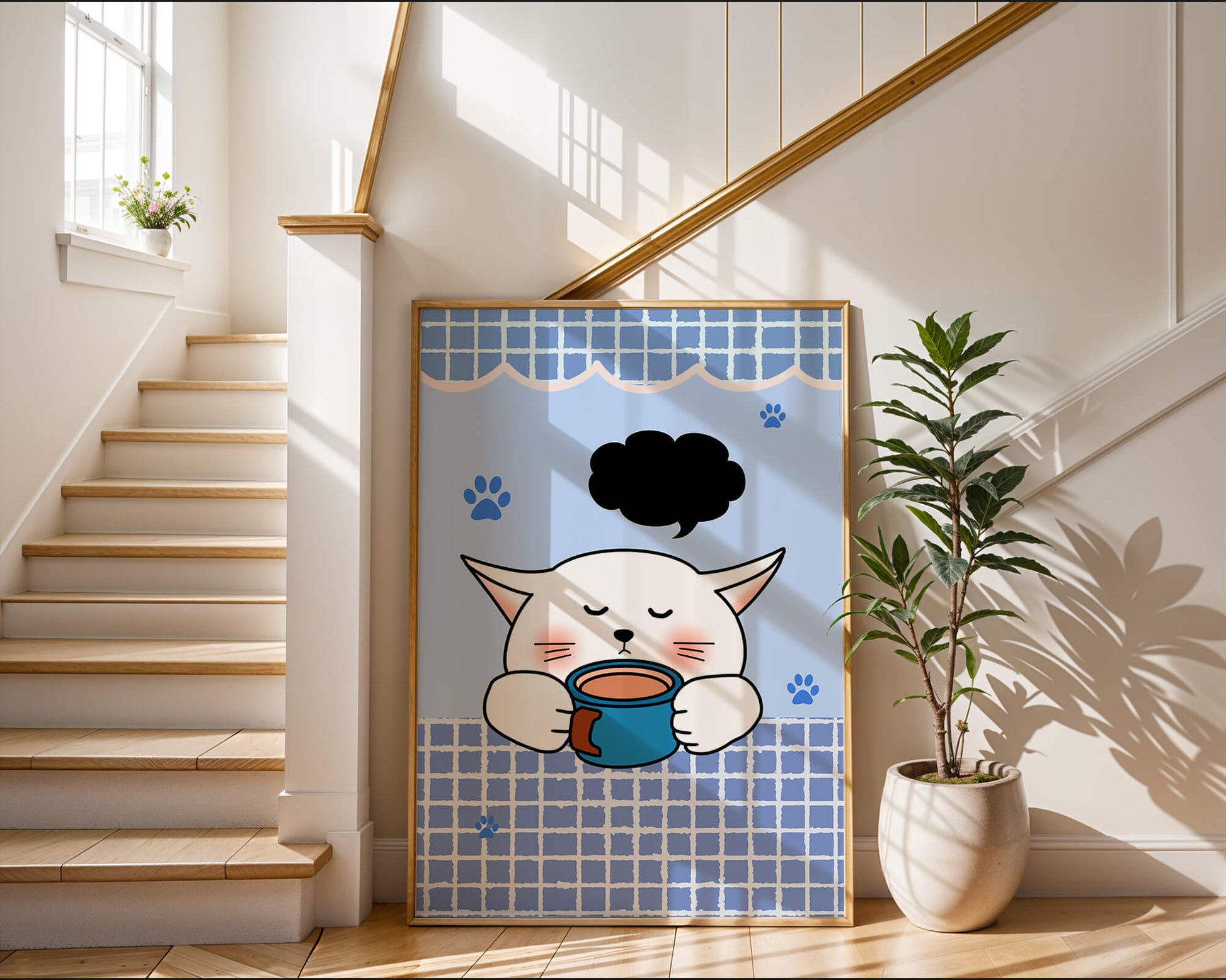 Cute cartoon cat with mug and speech bubble on blue background
