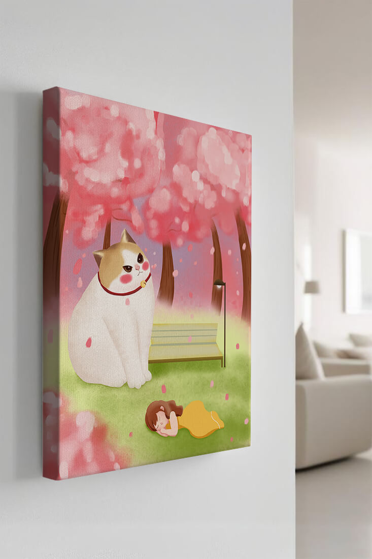 Whimsical scene with giant cat and girl under cherry blossoms