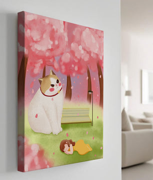 Whimsical scene with giant cat and girl under cherry blossoms