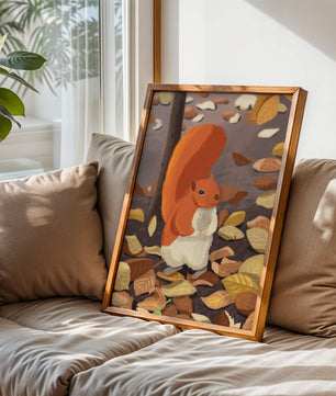 Ilustración de una ardilla adorable entre hojas de otoño