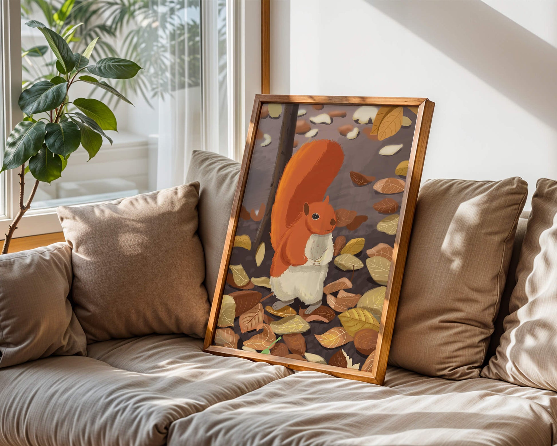 Illustration of a cute squirrel among autumn leaves