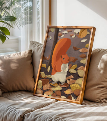 Illustration of a cute squirrel among autumn leaves