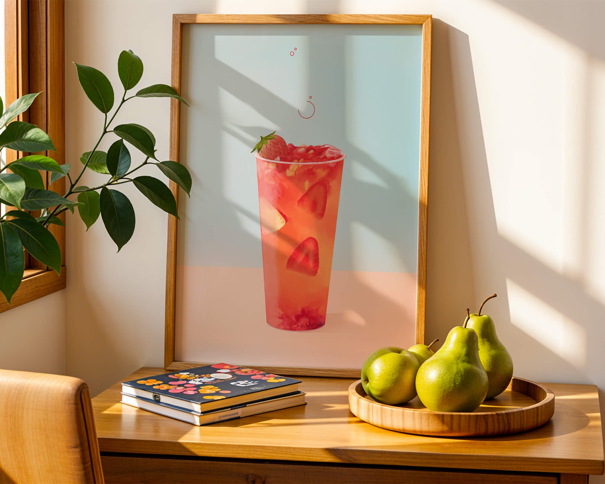 Refreshing strawberry drink with floating slices on pastel background
