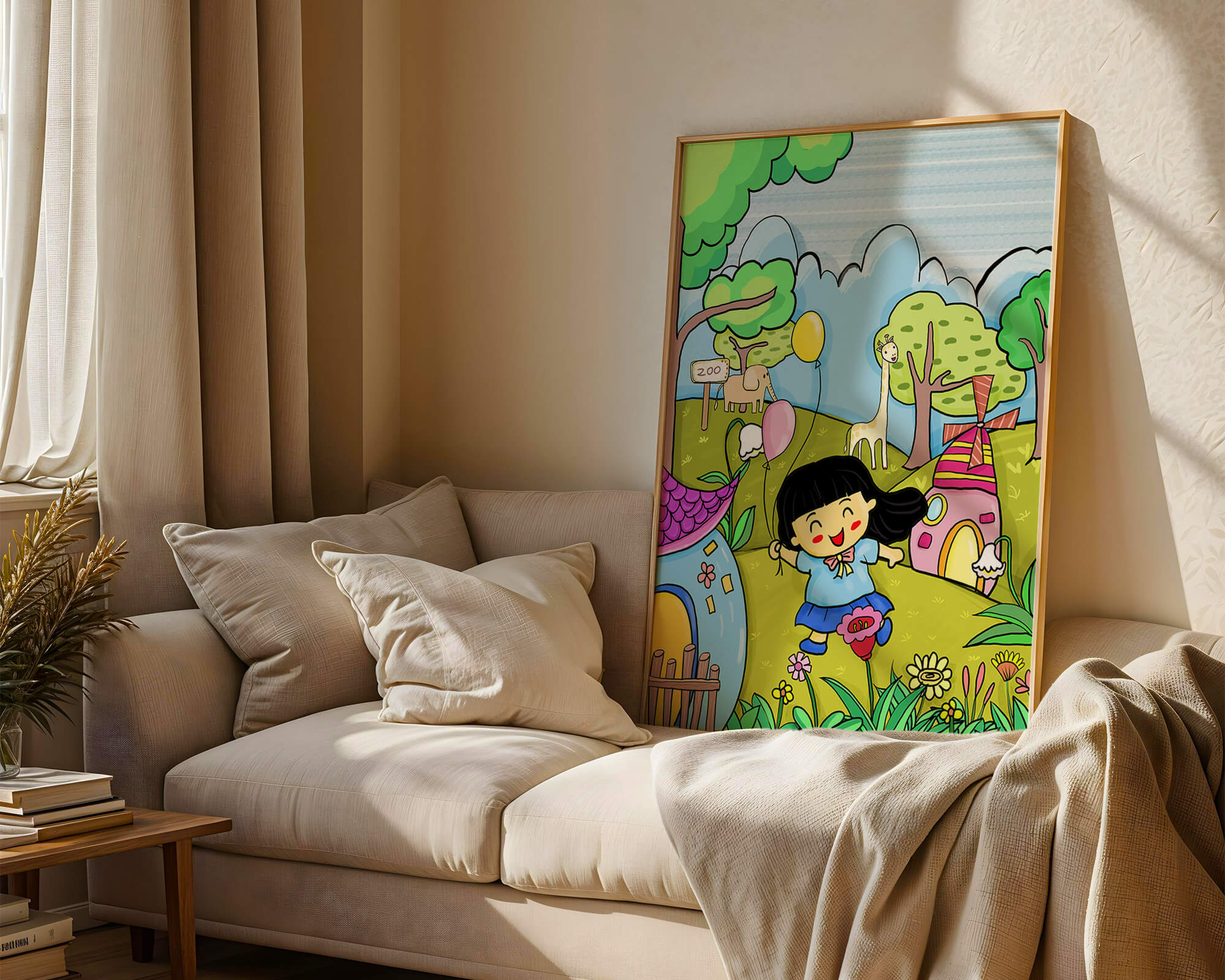Colorful children's illustration of a joyful zoo visit with animals