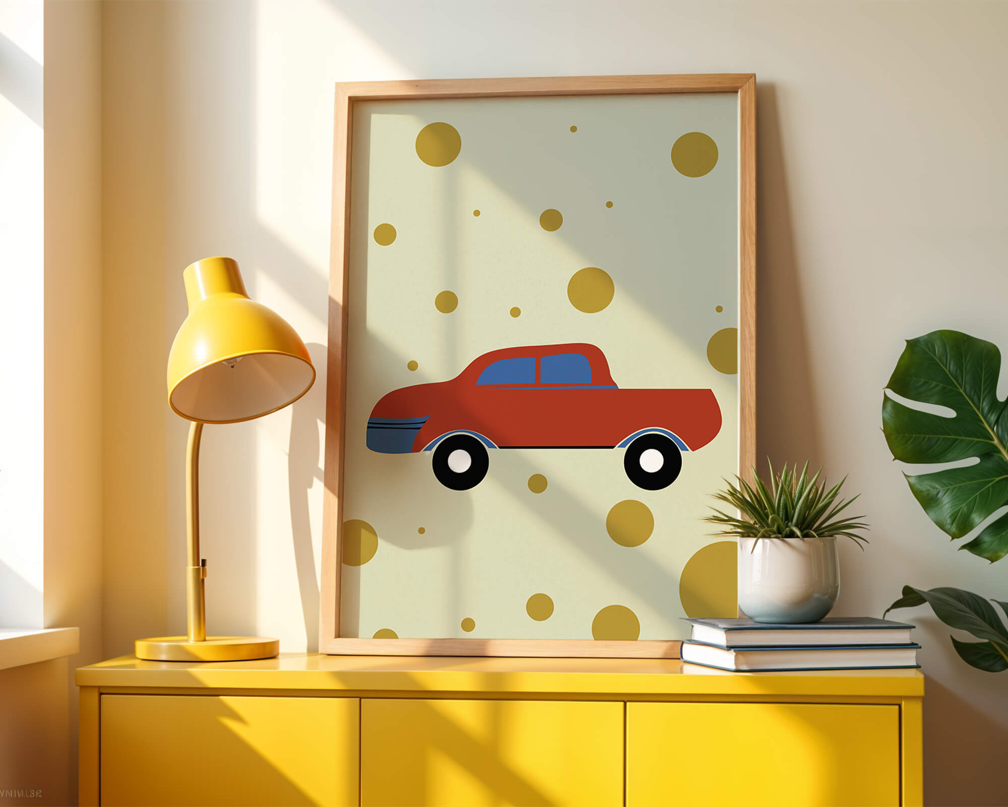 Abstract illustration of a red car with golden circles on a beige background