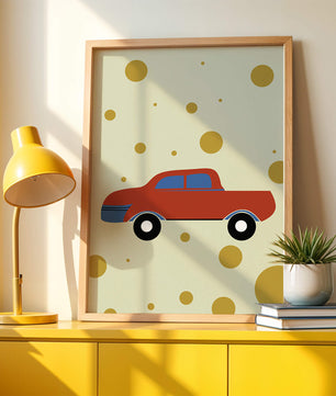 Ilustración abstracta de un coche rojo con círculos dorados sobre un fondo beige