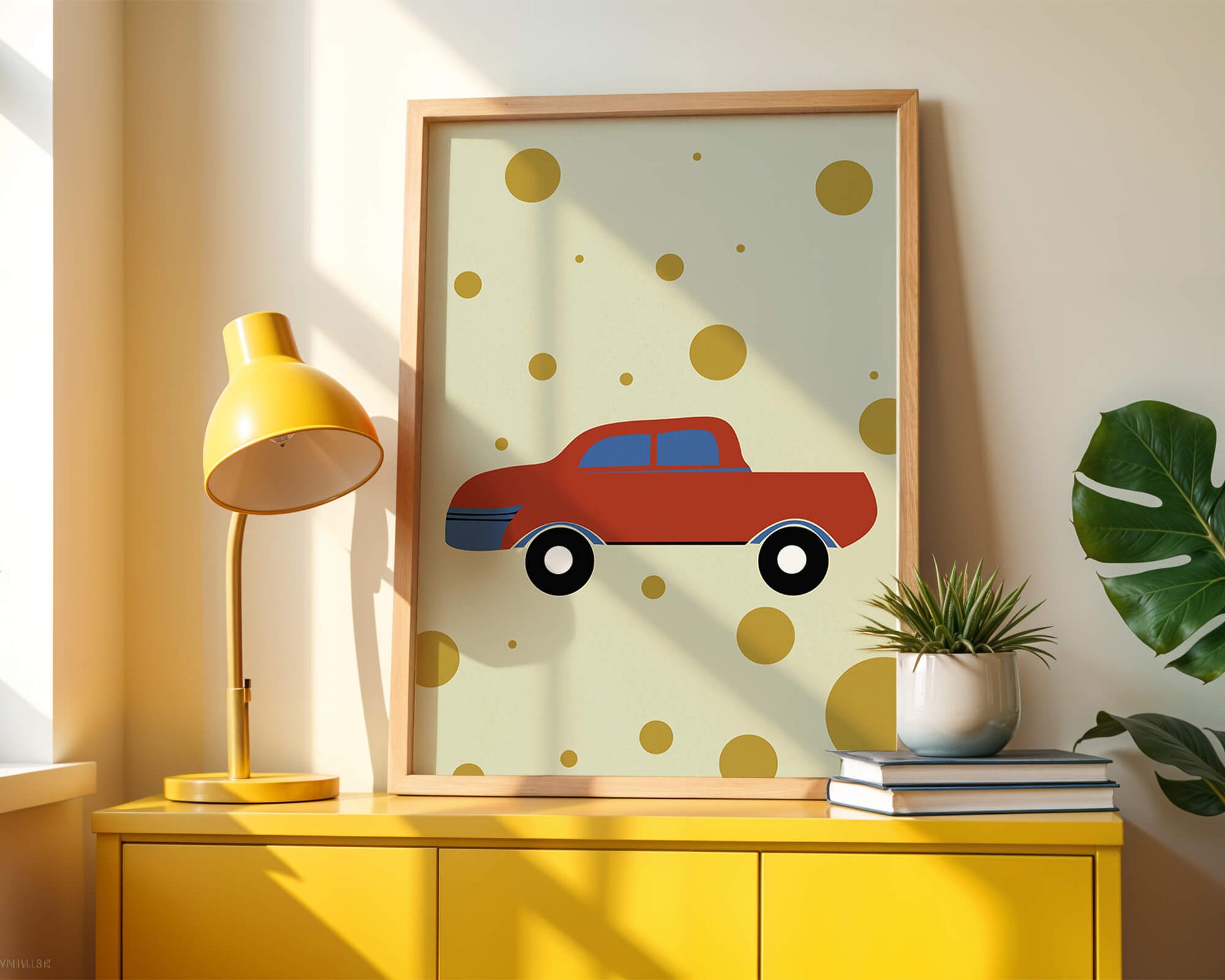 Abstract illustration of a red car with golden circles on a beige background