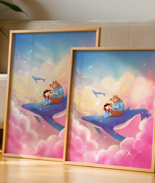 Fantasy illustration of girl and bear riding a whale through colorful clouds