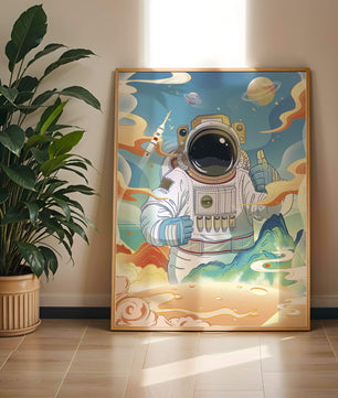 Colorful illustration of an astronaut in space with planets and rocket