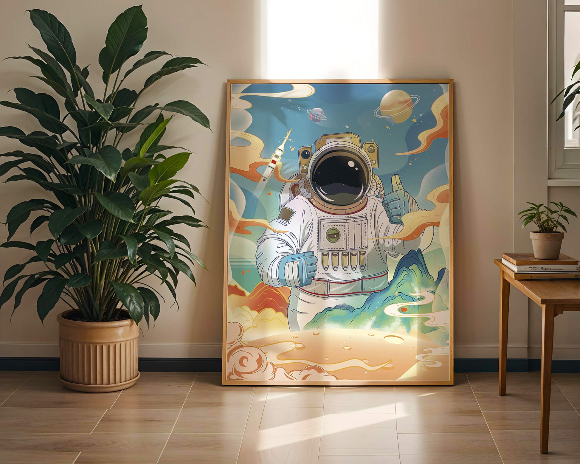 Colorful illustration of an astronaut in space with planets and rocket