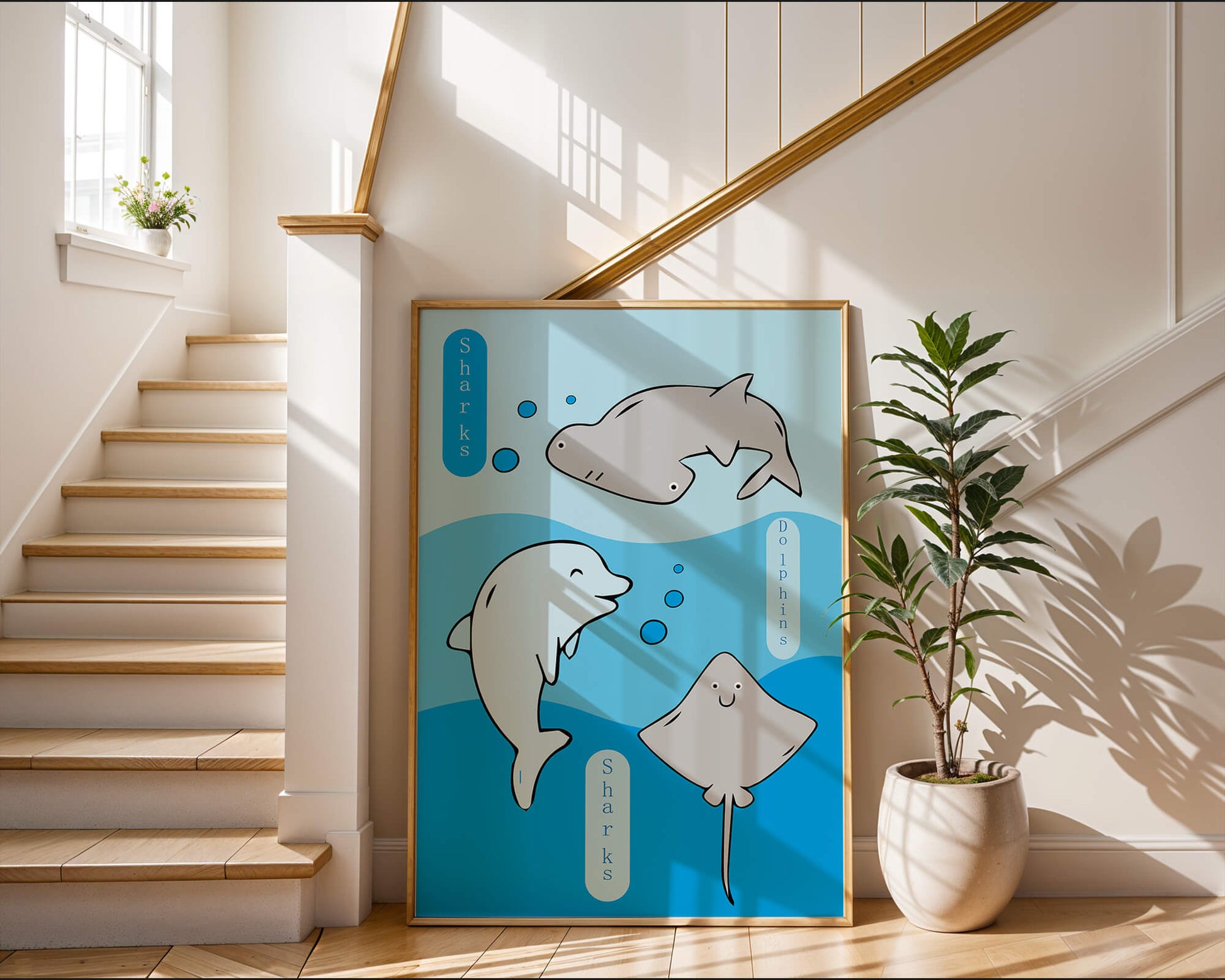 Cartoon sea animals illustration with shark, dolphin, and stingray