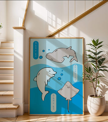 Cartoon sea animals illustration with shark, dolphin, and stingray