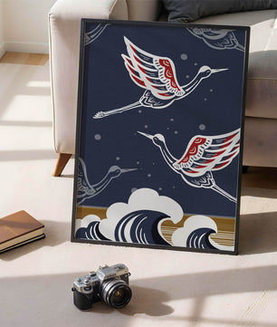 Illustrative cranes flying over ocean waves with dark background