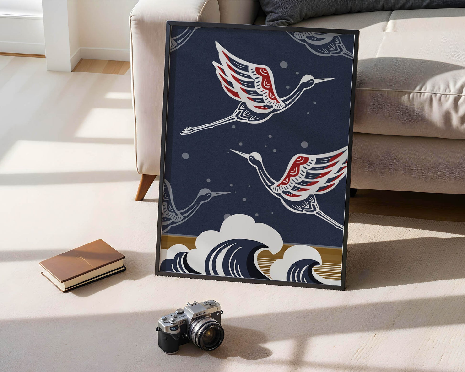 Illustrative cranes flying over ocean waves with dark background