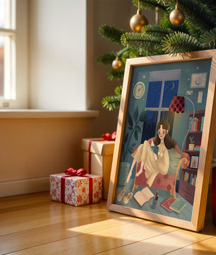 Cozy Nighttime Reading in a Living Room with Moonlit Window