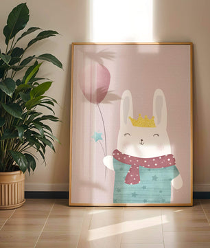 Ilustración adorable de un conejo con globo rosa y corona dorada