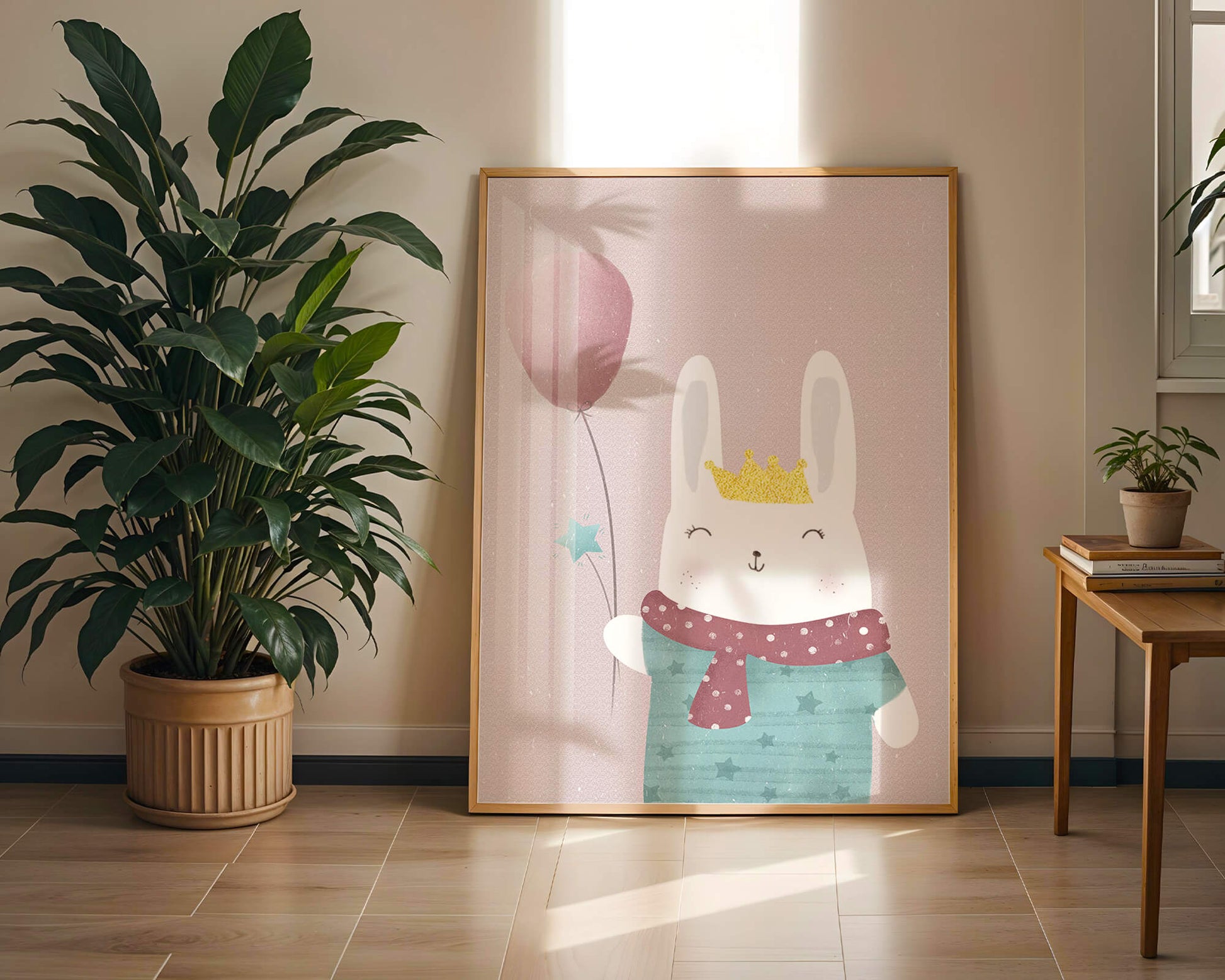 Adorable ilustración de conejito con globo rosa y corona dorada.