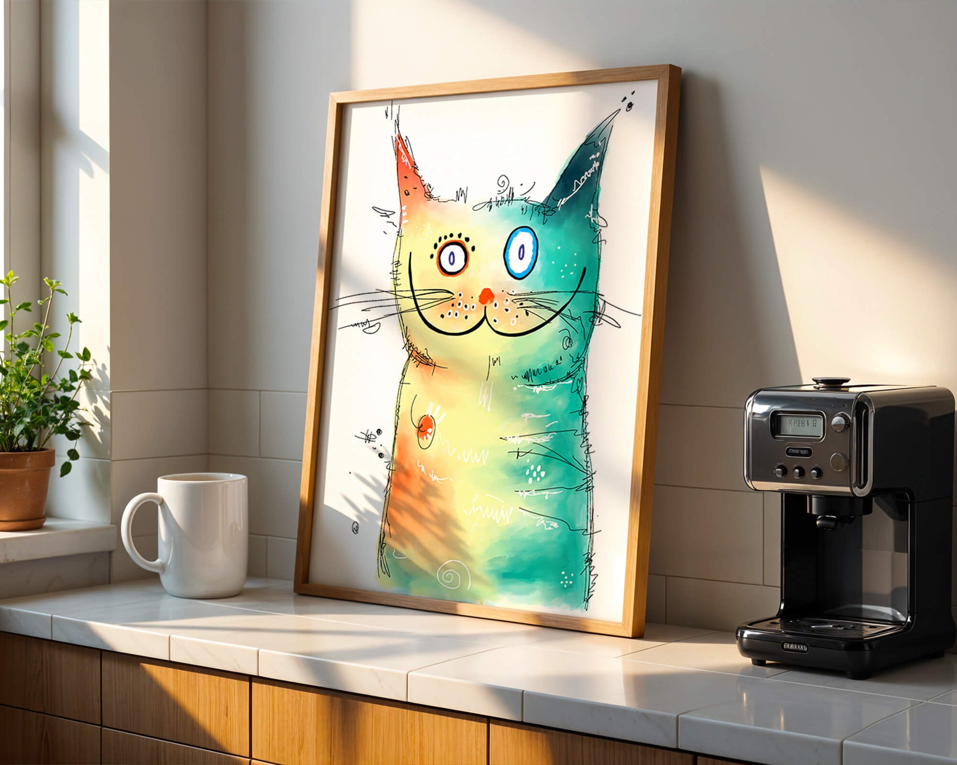 Artistic watercolor cat illustration with vibrant colors