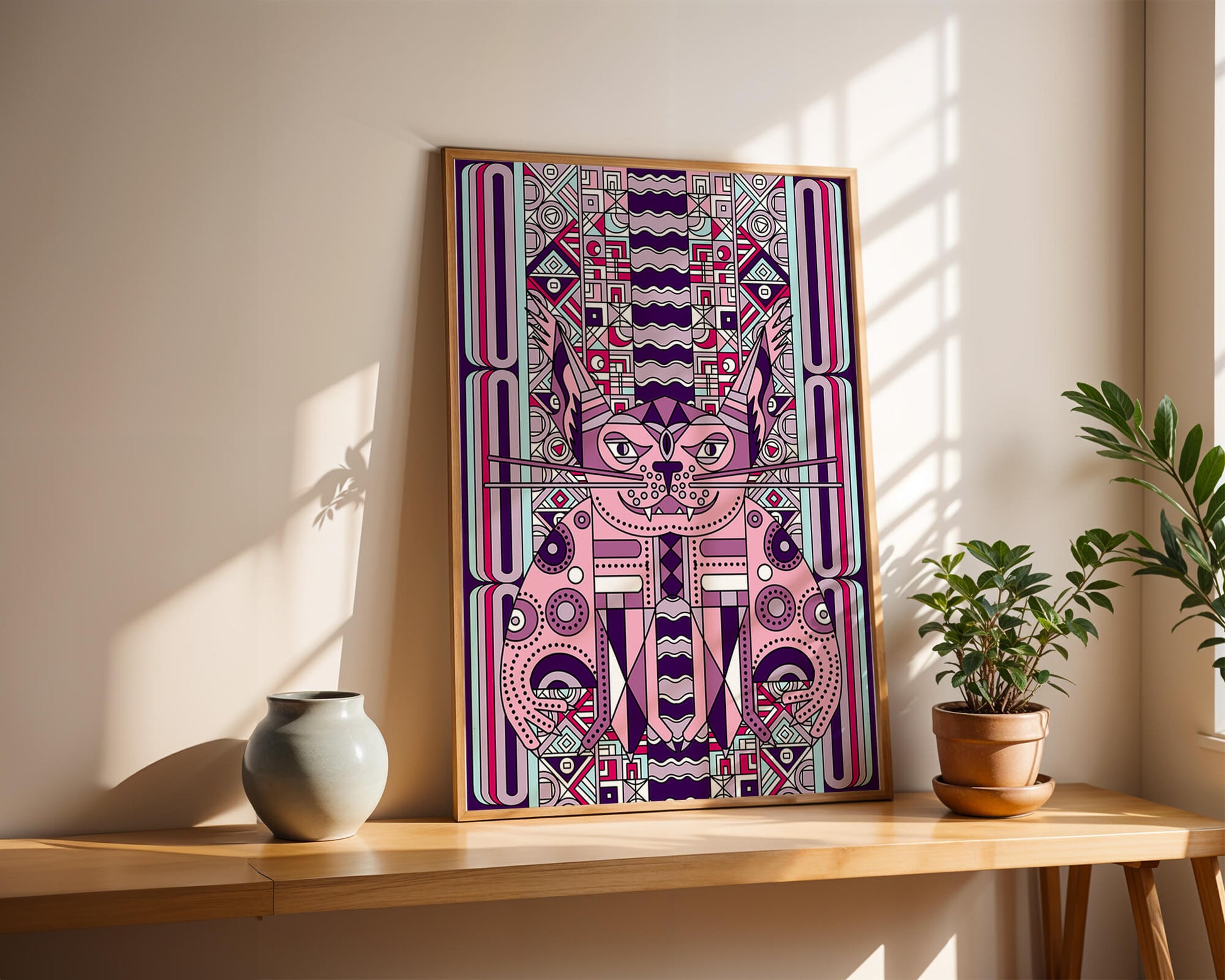 Art de chat géométrique coloré avec motifs abstraits en tons pastel