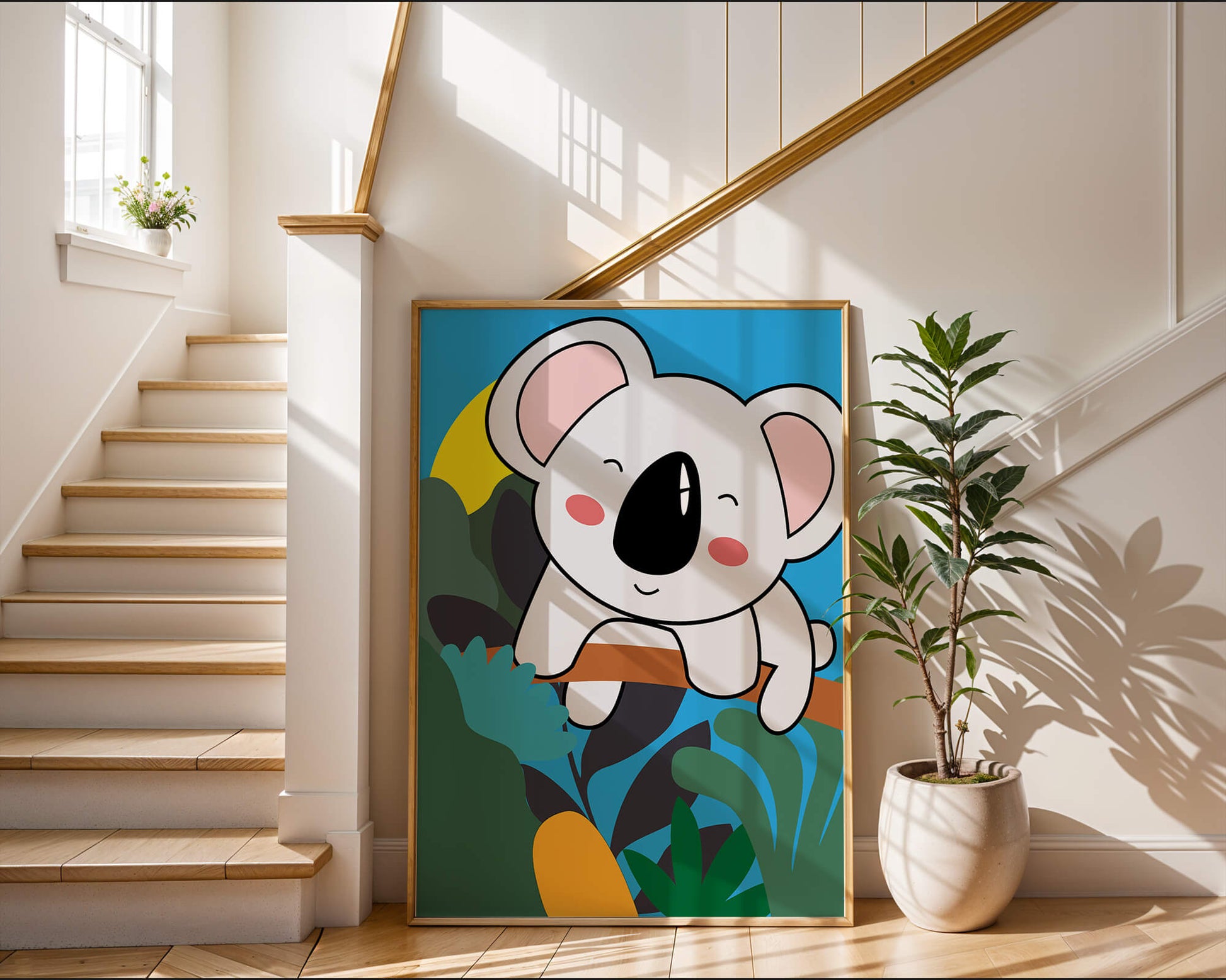 Charming illustrated koala on a branch with vibrant background