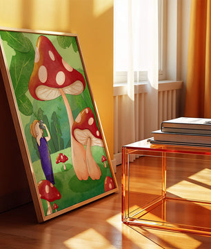 Playful illustration of a child with oversized mushrooms in a whimsical forest setting