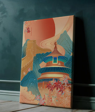 Illustration of Chinese architecture with the Great Wall and nature elements