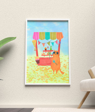 Gato ilustrado con gafas de sol en un puesto de dulces colorido