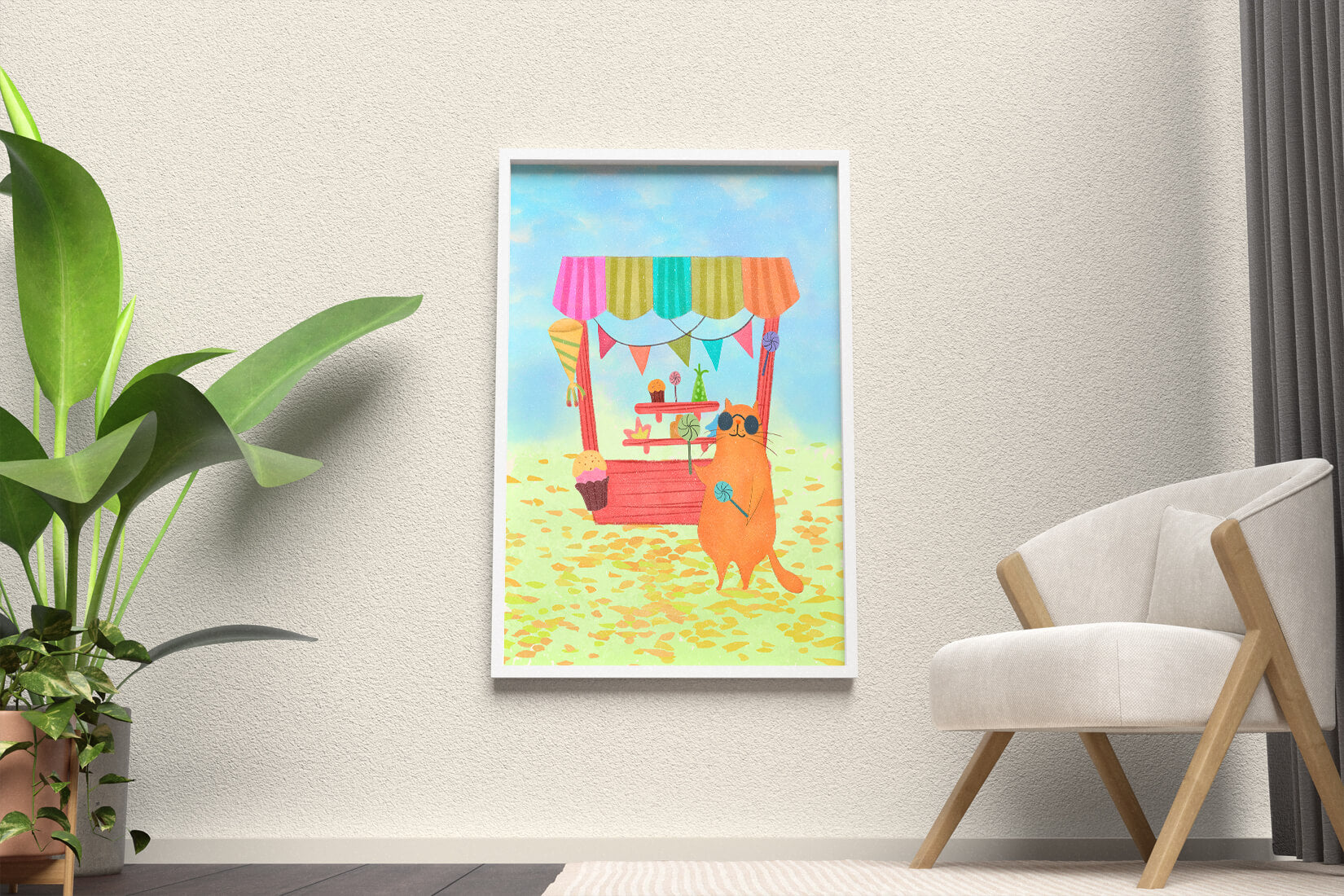 Illustrated Cat with Sunglasses at a Colorful Candy Stand