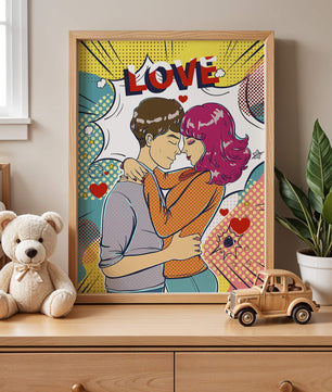 Ilustración de pop art romántico con pareja abrazándose y texto de amor