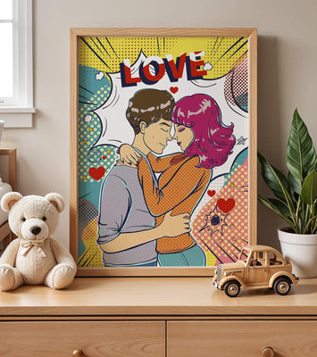 Romantic Pop Art Illustration with Embracing Couple and Love Text