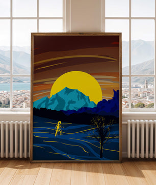 Paisaje surrealista con una puesta de sol vibrante y silueta