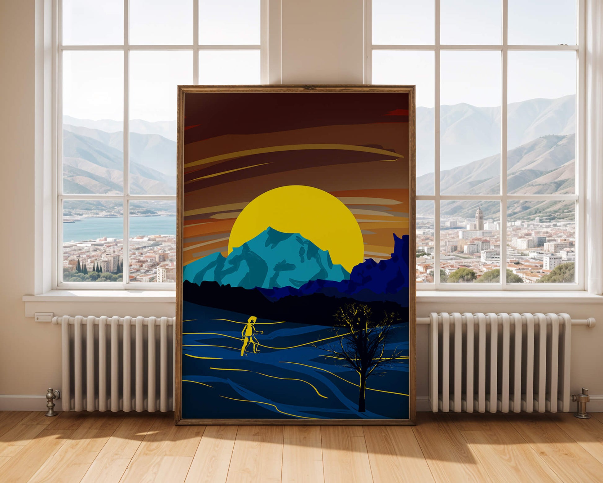 Surreal landscape with a vibrant sunset and silhouette