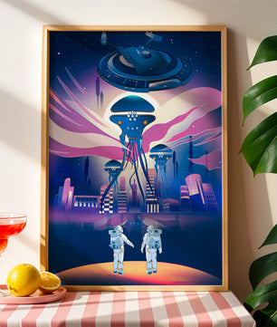 Futuristic Space City With Alien Creatures and Astronauts