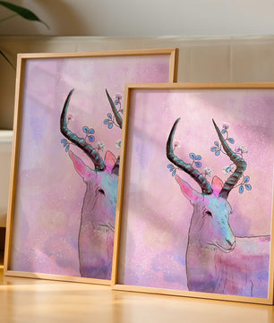 Pastel watercolor illustration of antelope with floral horns