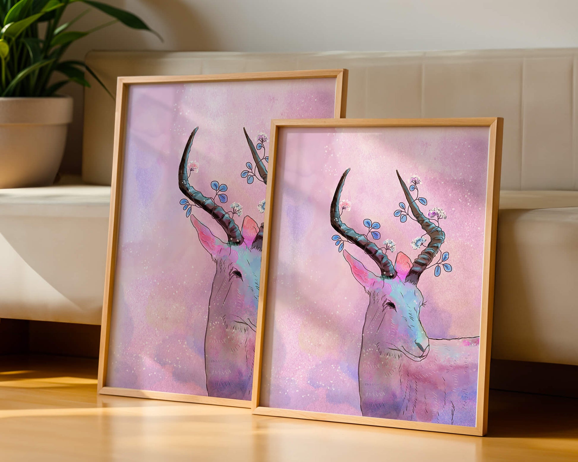 Pastel watercolor illustration of antelope with floral horns