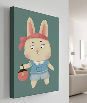 Illustration d'un lapin cartoon avec un bandeau et un sac rond