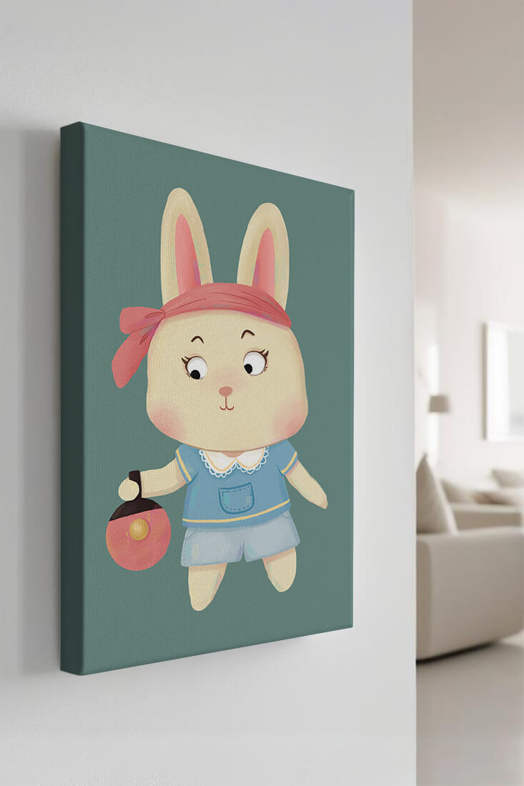 Illustration d'un lapin cartoon avec un bandeau et un sac rond