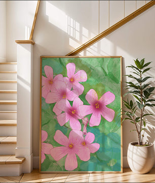 Zarte rosa Blüten auf einem leuchtend grünen Hintergrund Illustration