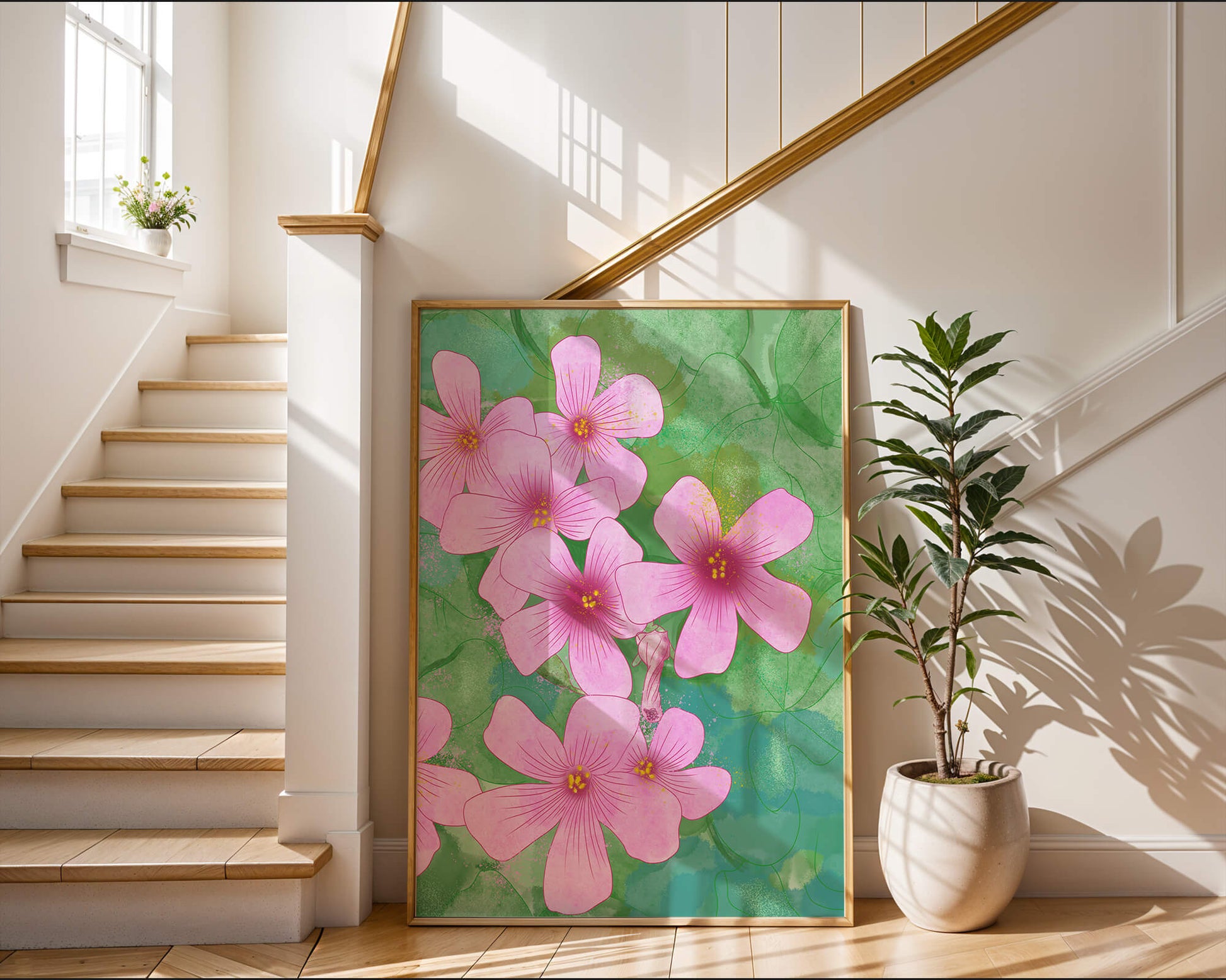 Zarte rosa Blüten auf einem leuchtend grünen Hintergrund Illustration