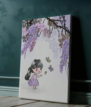 Charmante Illustration eines kleinen Mädchens mit Schmetterlingen und Glyzinienblüten