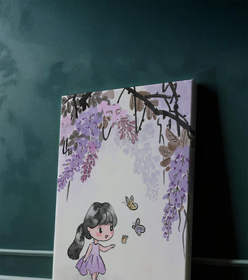 Charming illustration of a little girl with butterflies and wisteria flowers