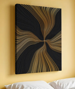 Líneas doradas abstractas sobre fondo negro con flujo dinámico