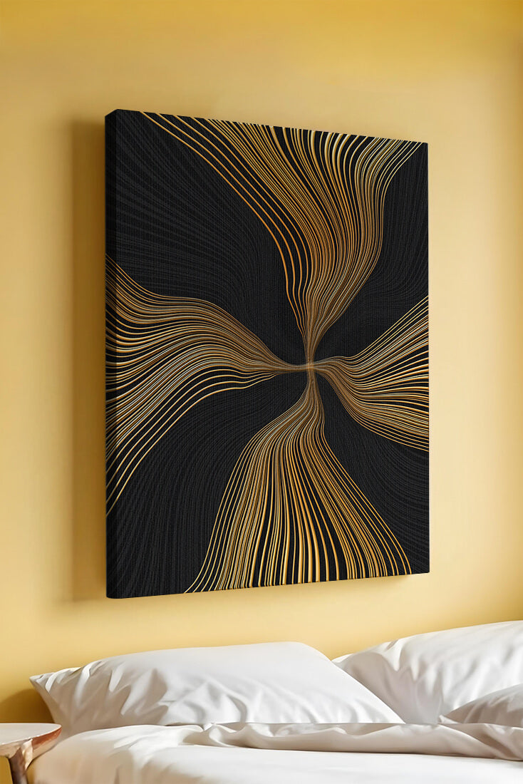 Líneas doradas abstractas sobre fondo negro con flujo dinámico