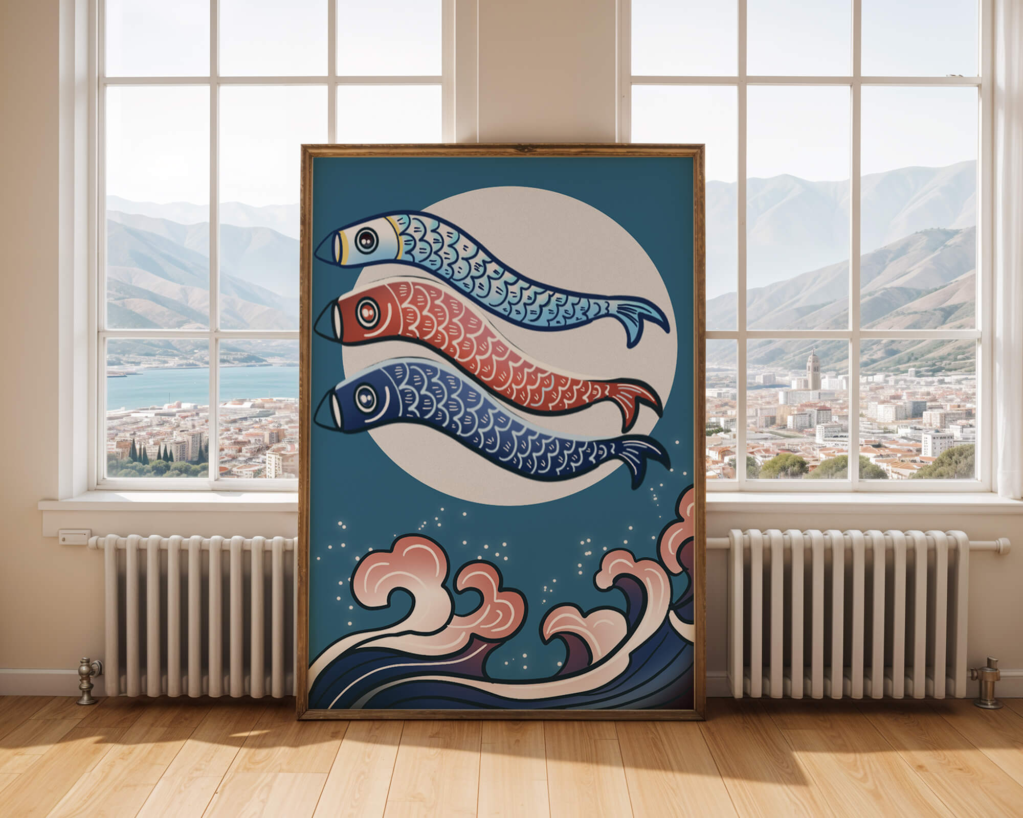 Colorful koi fish kites against a full moon with ocean waves