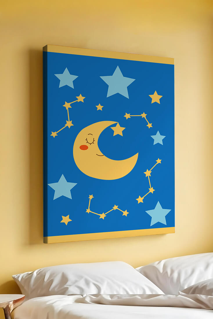 Whimsical children's room decor with smiling moon and stars