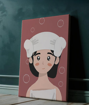 Illustration of a person in a towel with bubbles on a pink background