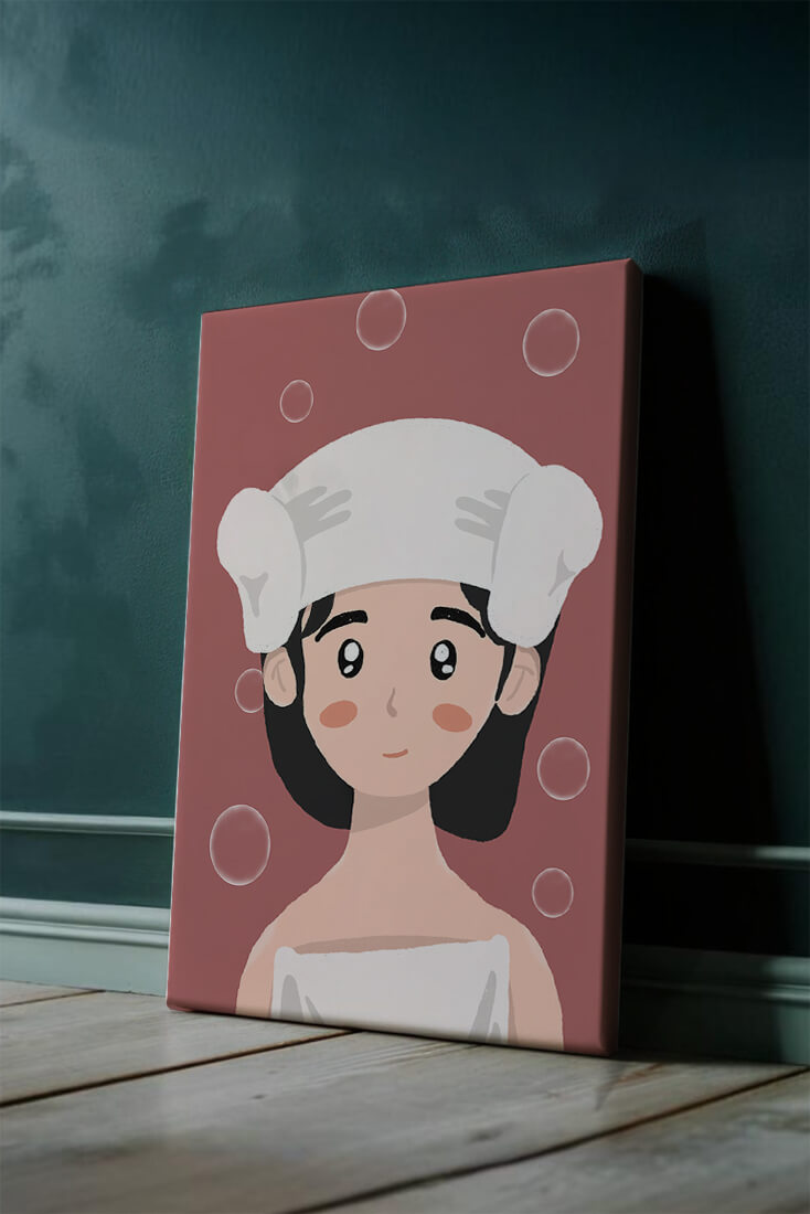 Ilustración de una persona en una toalla con burbujas sobre un fondo rosa